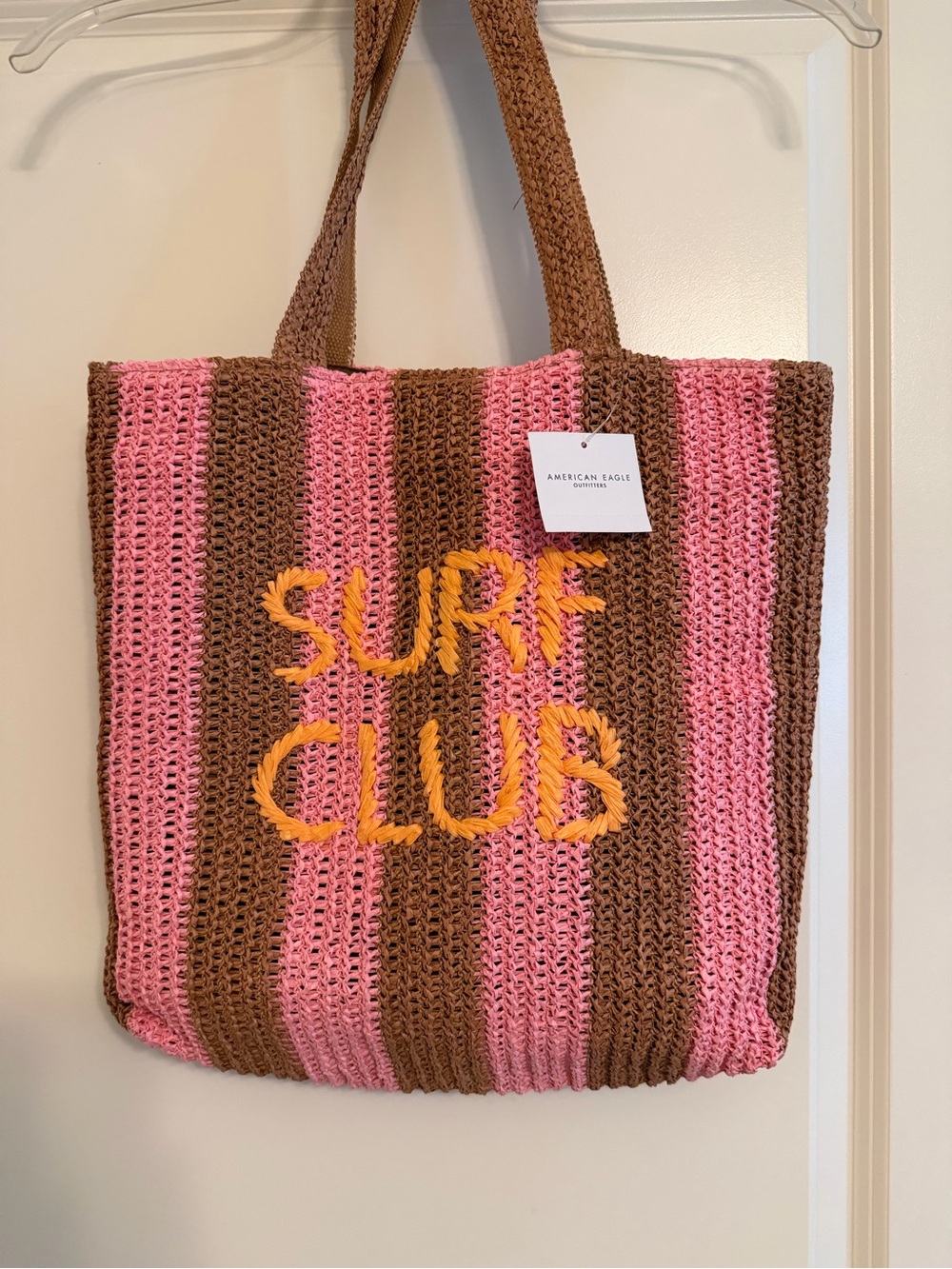 American Eagle Outfitters Pink, Brown & Yellow Crochet 'Surf Club' Tote
